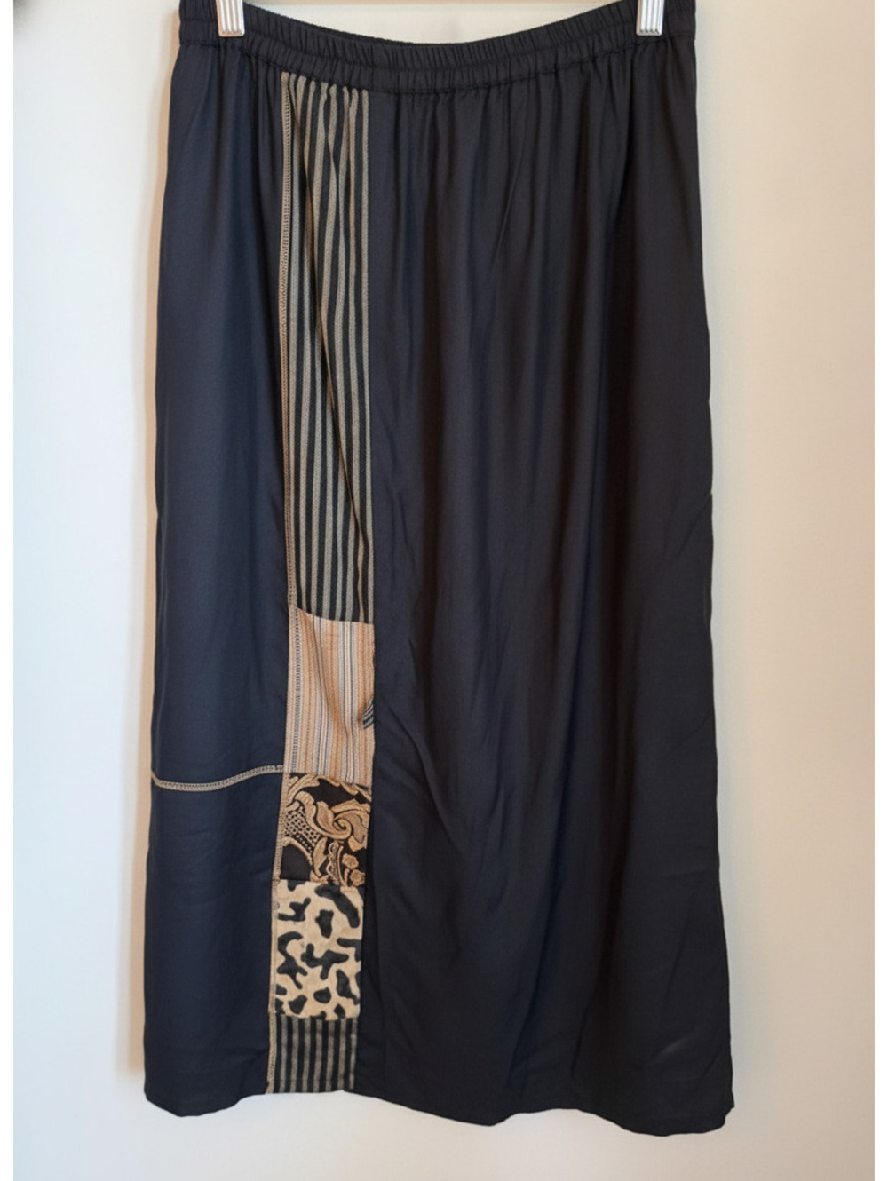 NWT Alex Kim Handwoven Medium Black Midi Skirt Patchwork Detail Animal Print